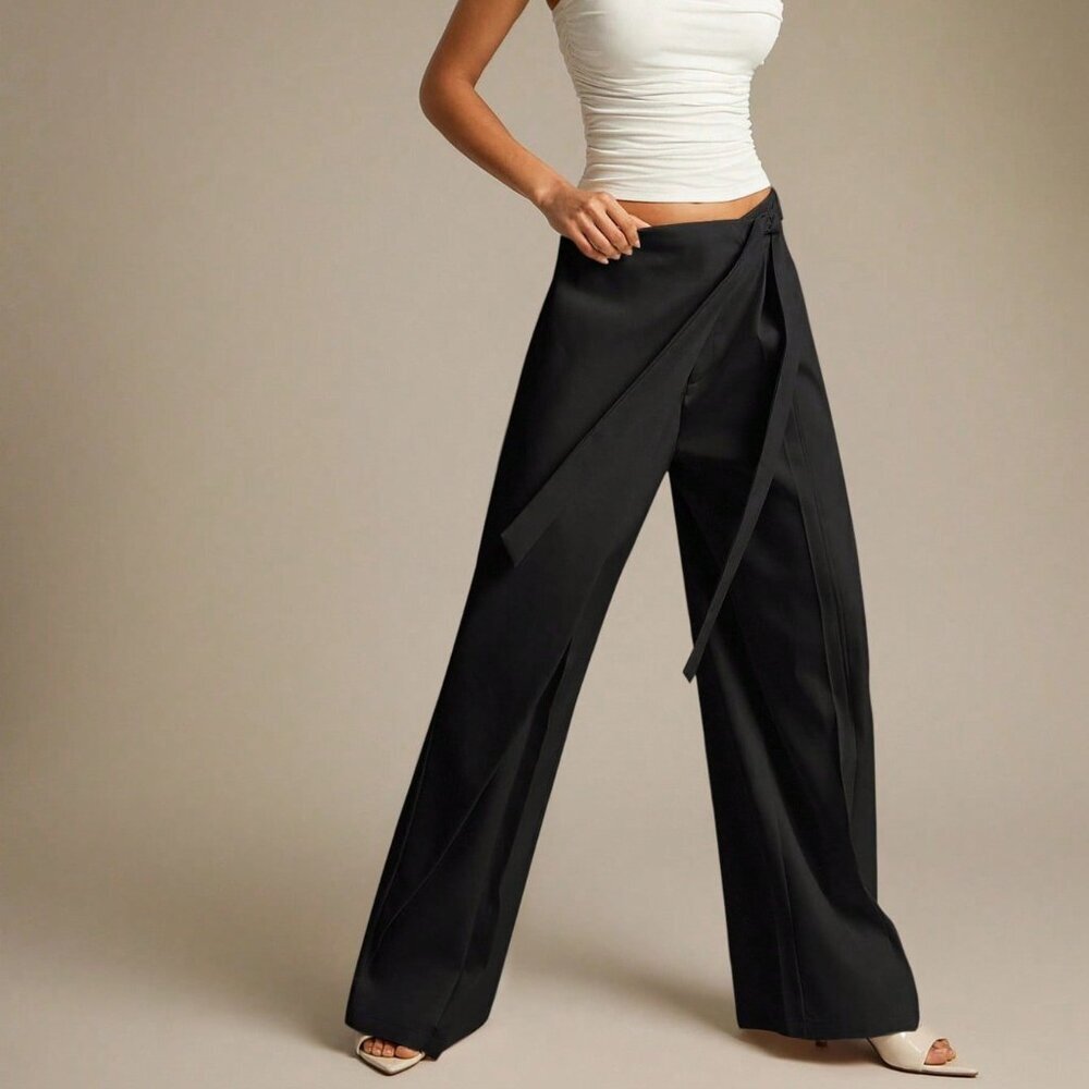 Black Casual Women's Side Knot Wide Leg Loose Pants